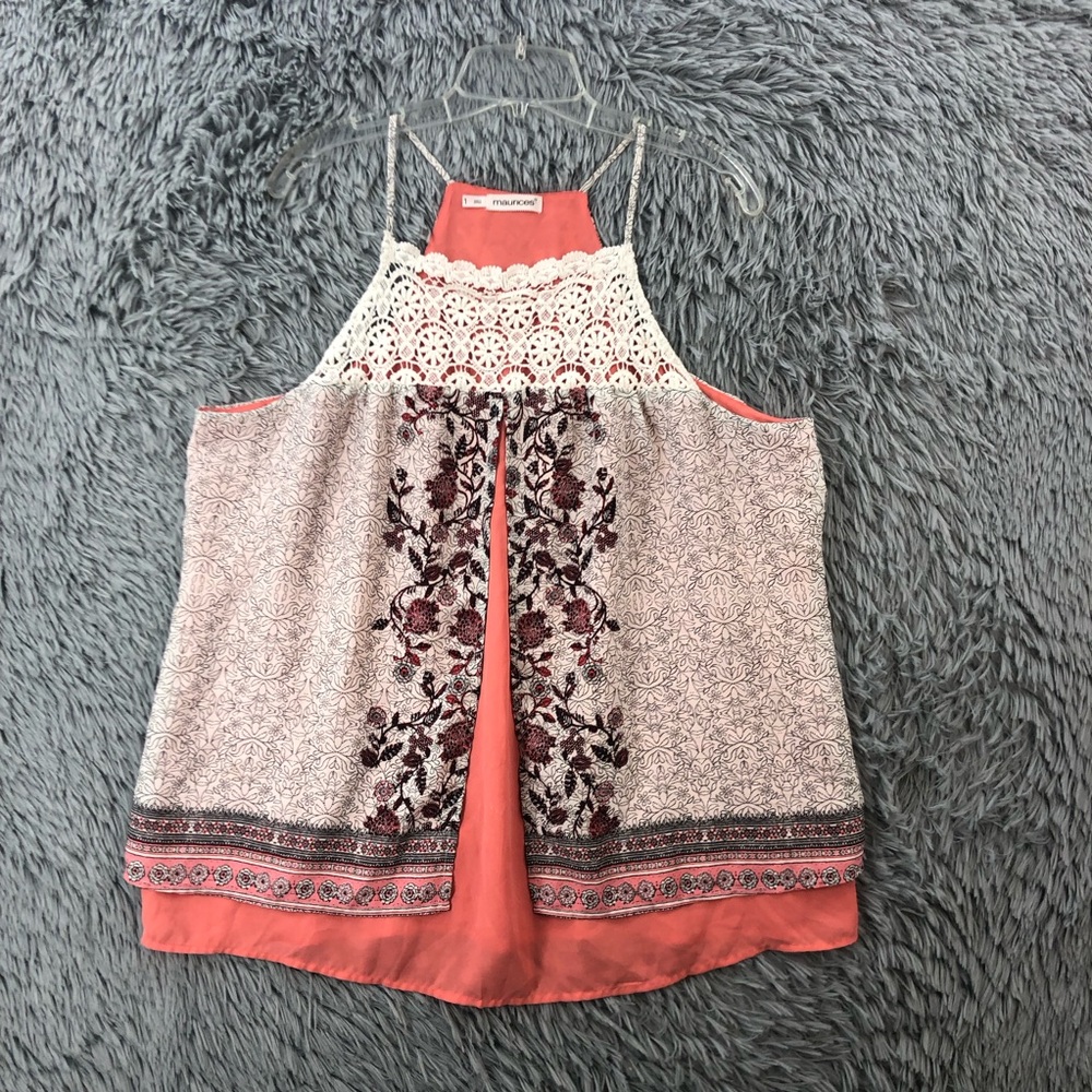 Maurices Blouse Size 1 (1X) Crotchet Detail Split Front Layered Floral White